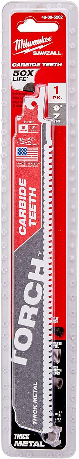 Milwaukee 9" Carbide Blades Sawzall Torch 7 TPI 1PK 48-00-5202