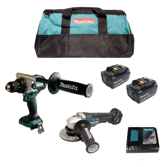 #Makita Twin Kit Hammer Drill Driver + Grinder 18v Brushless